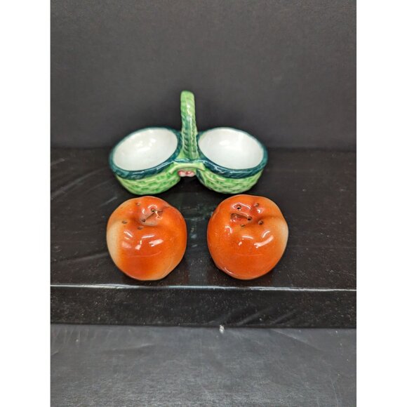 Vintage Three Piece Salt and Pepper Set Red Apples In A Green Basket - Picture 2 of 6